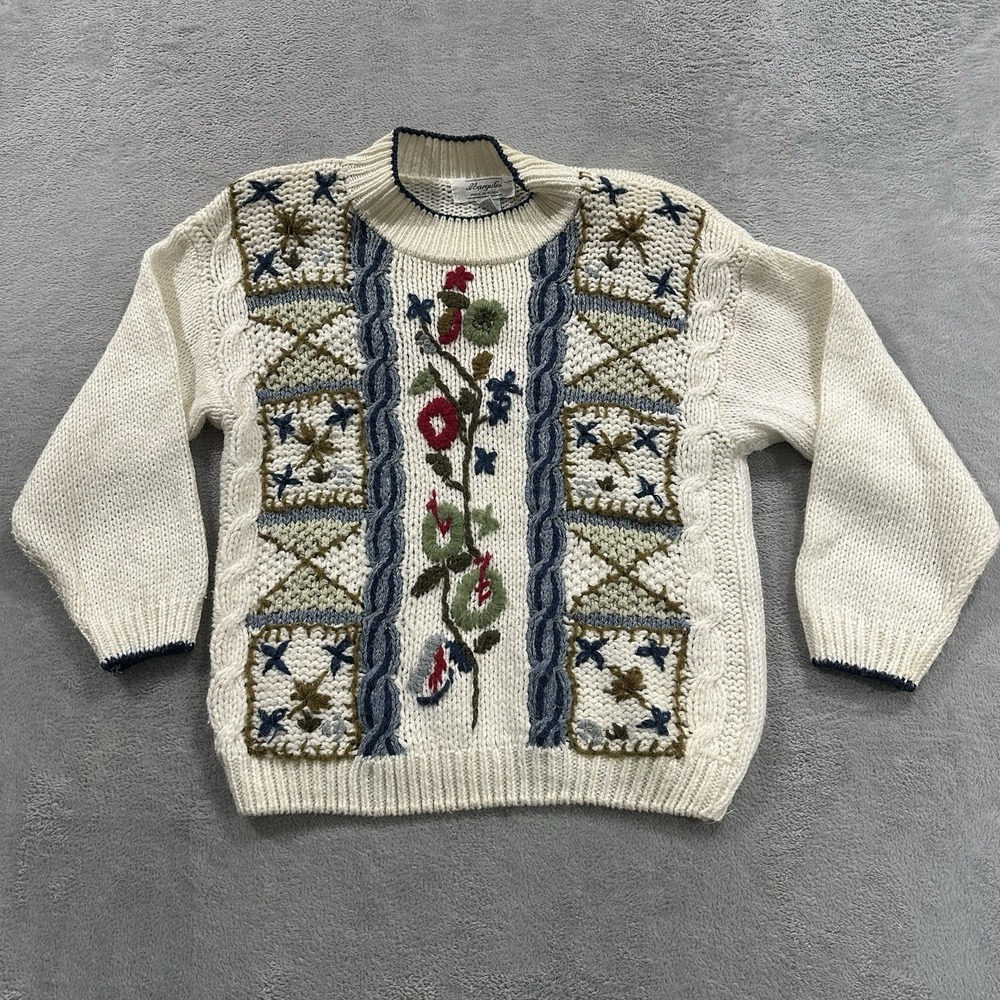 Margules Korea Sweater Women S White Floral Cable Knit Grandmacore Vtg Coquette